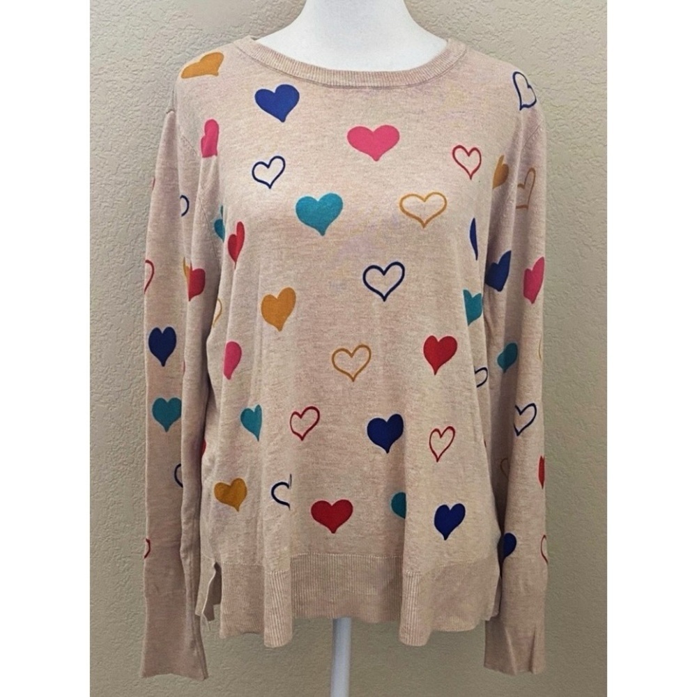 Marled Beige/Tan Heart Patterned Women's Sweater. Crew neck. Size L. - Picture 2 of 13